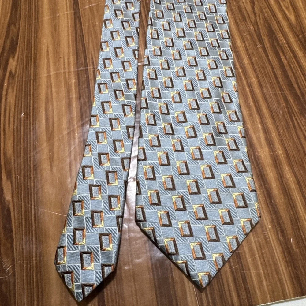 Ermenegildo Zegna Italy Blue Brown Geometric Architect 100% Silk Men Neck‎ Tie